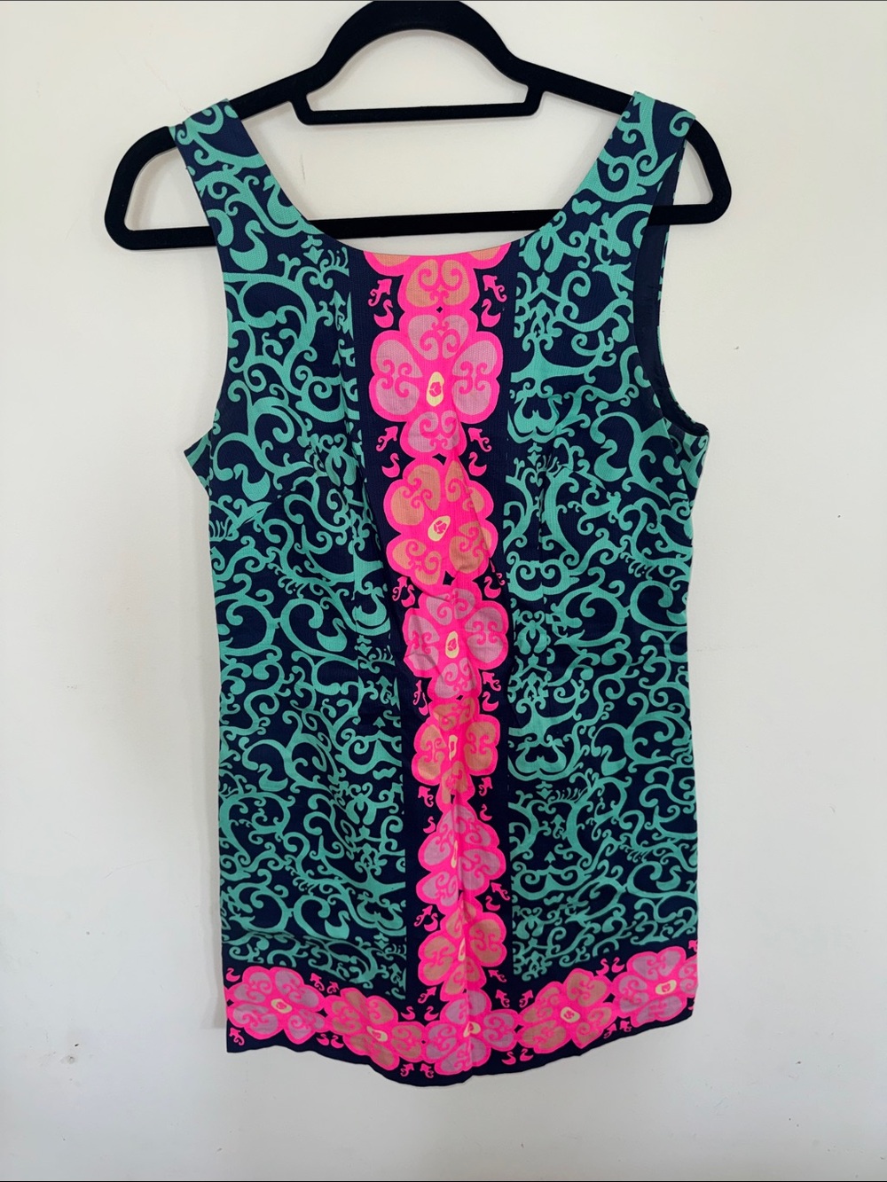 Lilly Pulitzer Navy Tank with Teal Scrolls & Hot Pink Floral Panel